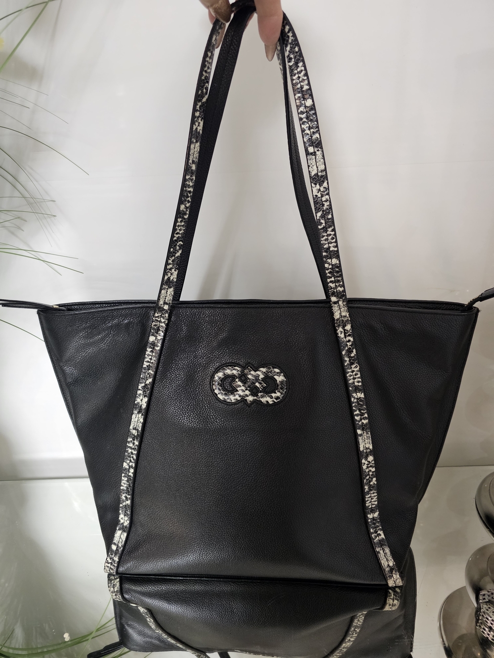 Cole Haan Black Tote with Contrasting Snake-Print Trim